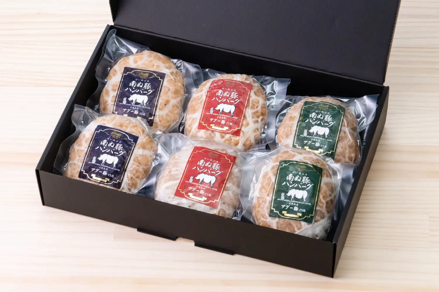 【ふるさと納税商品】E-26 ⽯垣島産アグー豚(南ぬ豚) 網脂ハンバーグ⾷べ⽐べセット(3種×各2個)_1