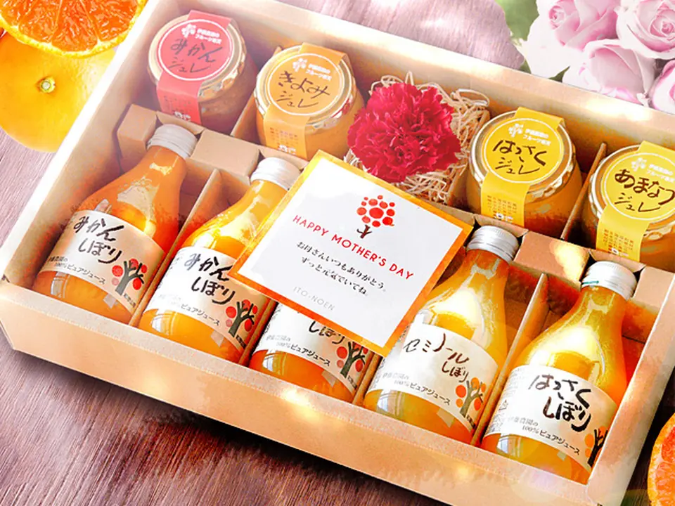 【母の日ギフト】100%ピュアジュース 180ml×5本・ピュアフルーツ寒天ジュレビン入り90g×4個(花・メッセージカード付)_0